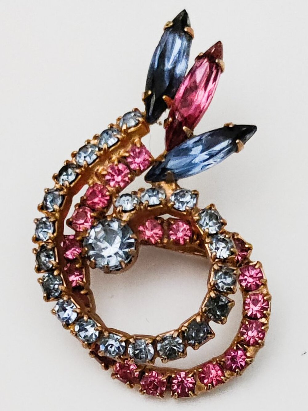 Vintage 1950-60’s Baby Blue Pink Rhinestones Spiral Brooch